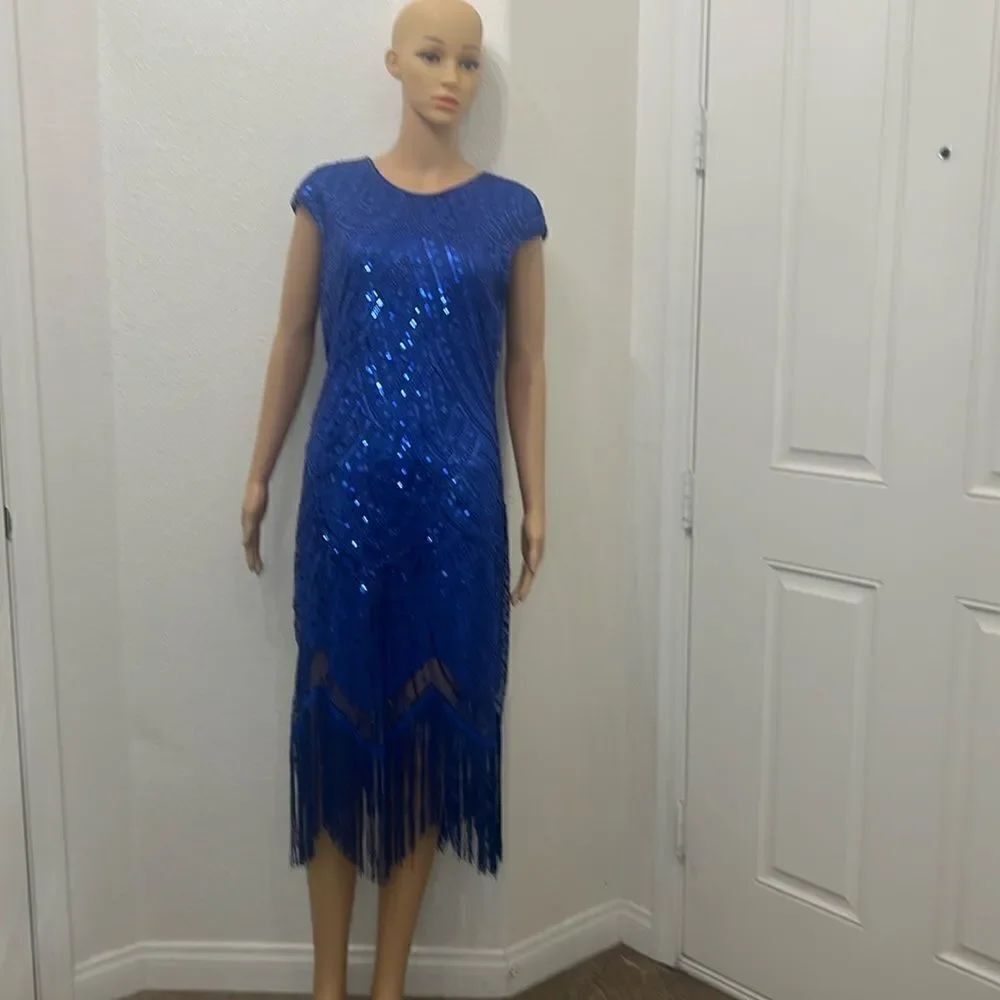 Fundaisey Womans Blue Sequine Dress Scoop Neck Short Sleeve Fringe Zipper Lined
